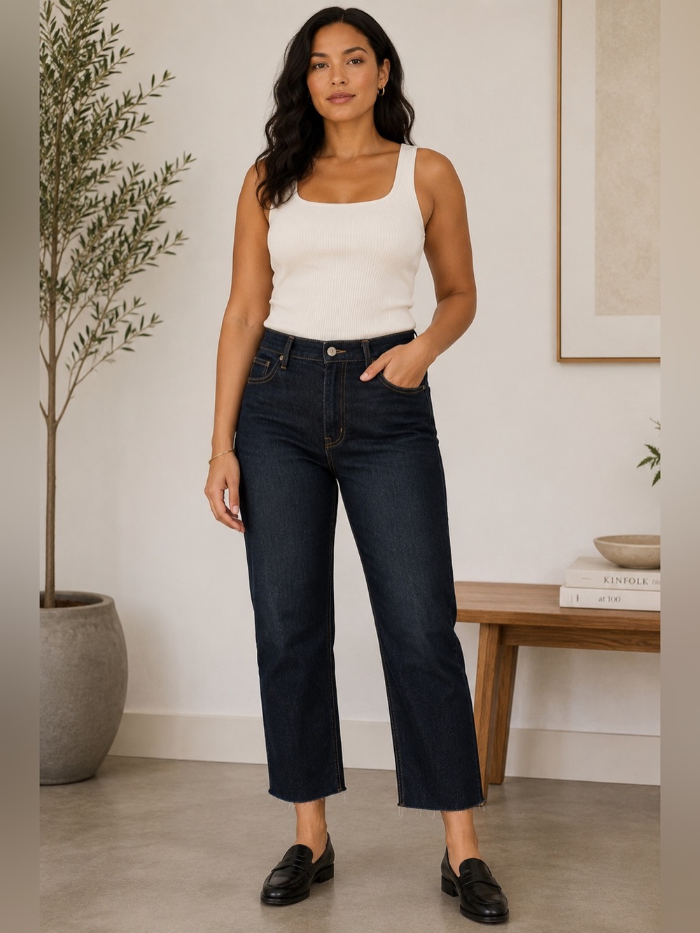 Vince Union Slouch Crop Straight Jeans 28 Dark Wash Raw Hem